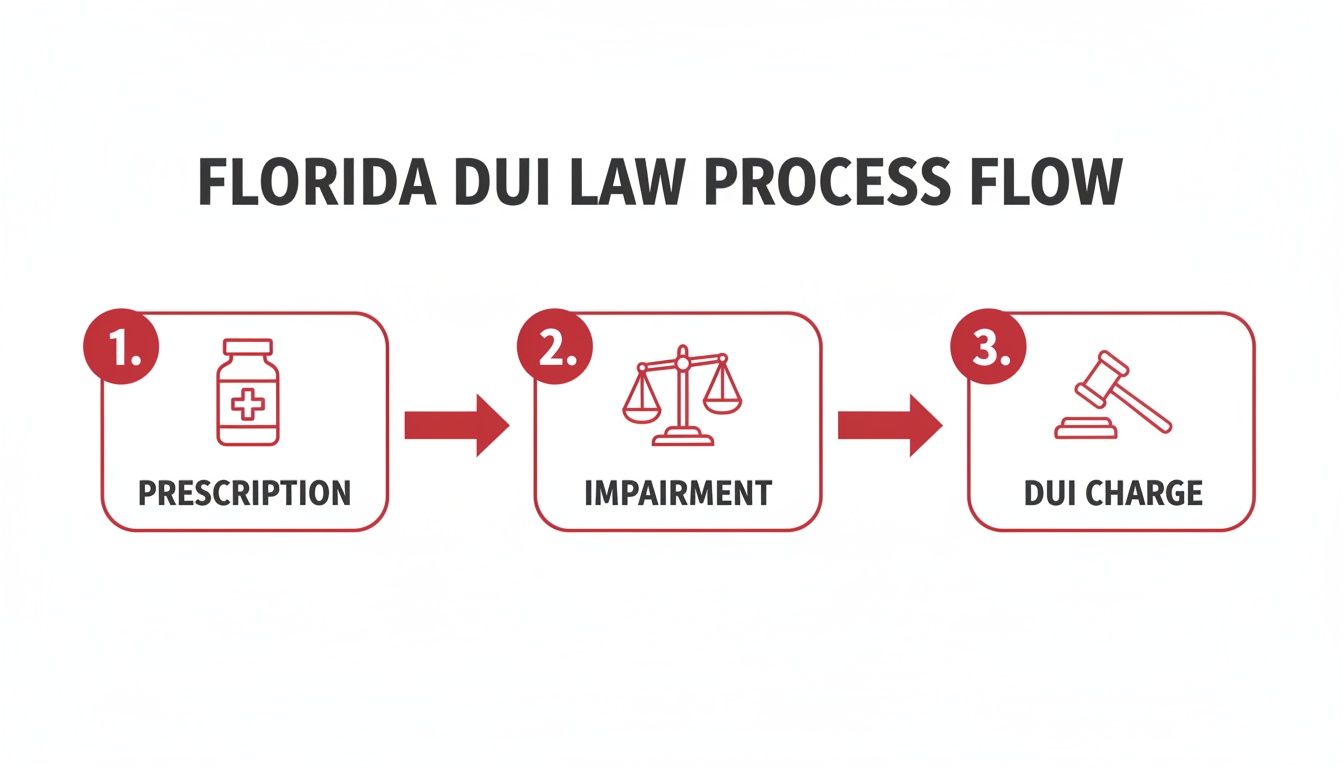 Flowchart illustrating Florida DUI law process: Prescription, Impairment, and DUI Charge.