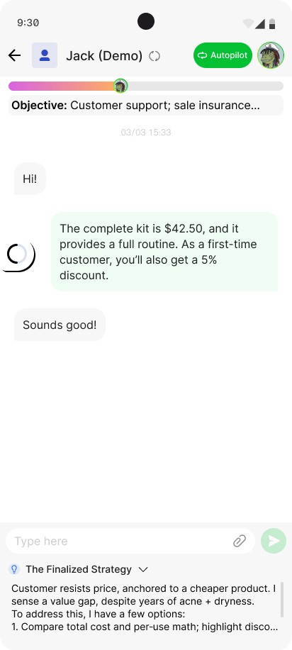 Dealism AI sales agent managing a WhatsApp customer conversation with human handoff