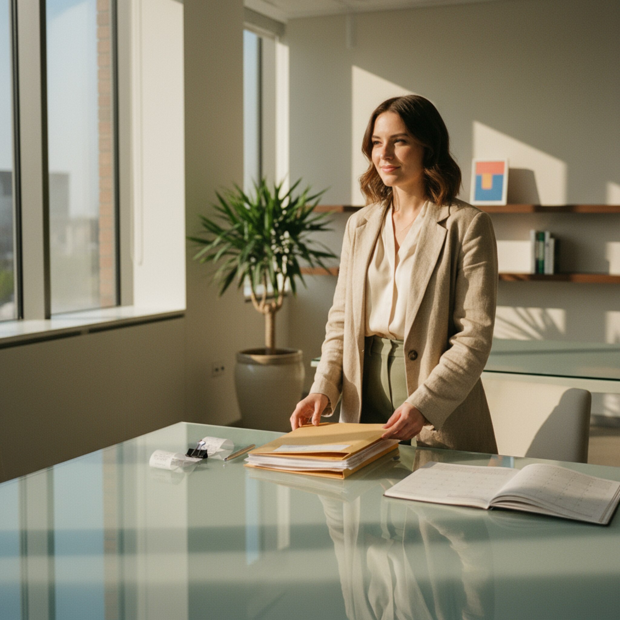 Nach einem erfolgreichen Event sammelt eine Mitarbeiterin Belege und sortiert beschriftete Mappen auf einem klaren, großen Tisch. Neben ihr liegen sauber gebündelte Quittungen und ein Kalender. Das warme Spätnachmittagslicht beruhigt die Szenerie. Die Ordnung deutet auf eine vollständige, konsolidierte Abrechnung hin.