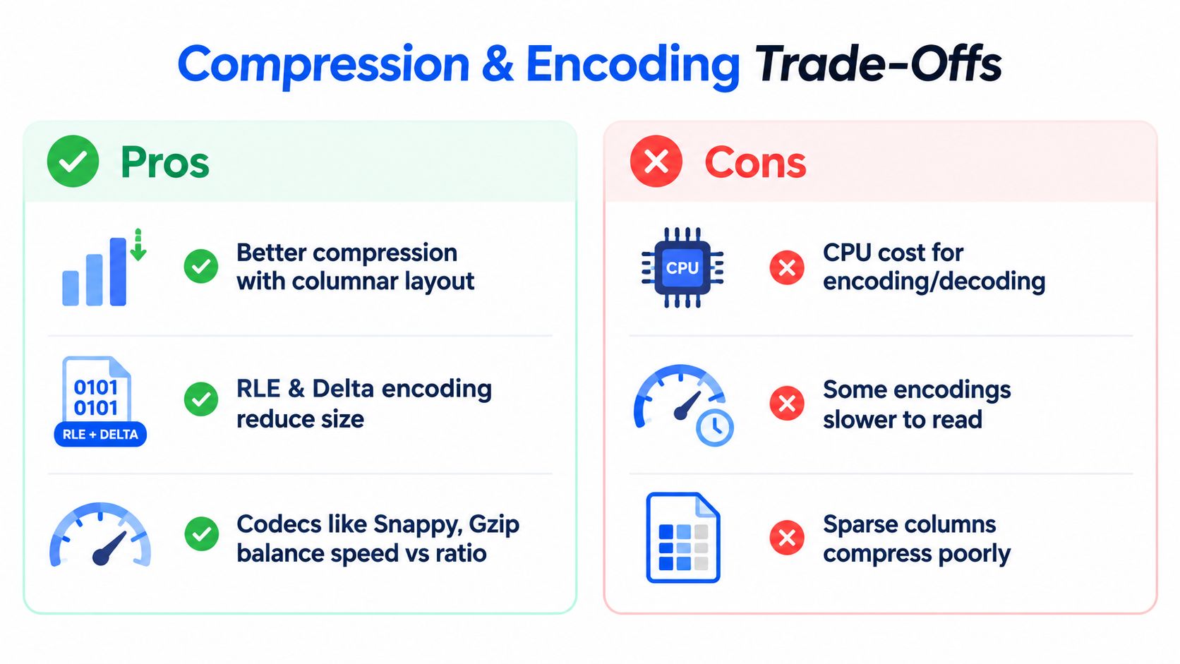 A comparison chart showing pros and cons of data compression and encoding in columnar storage formats.