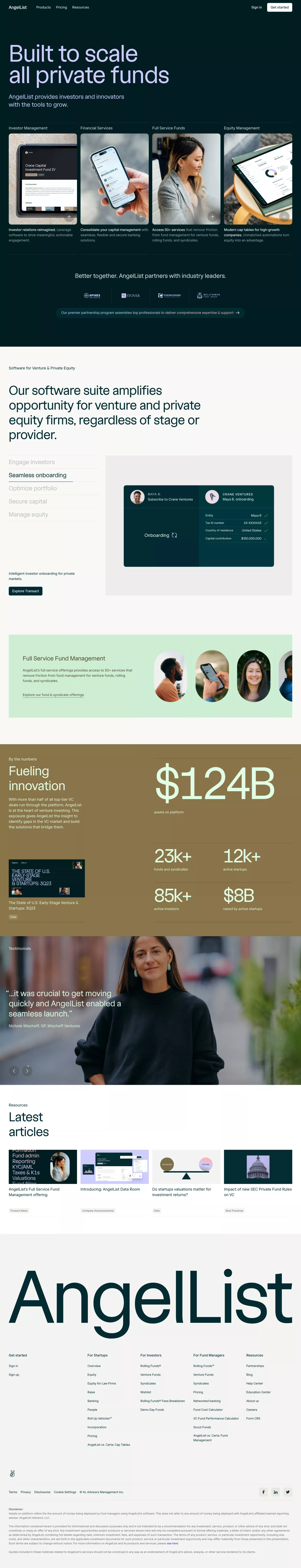 AngelList – Build, Lead, Invest landing page screenshot showcasing Tech and Finance design