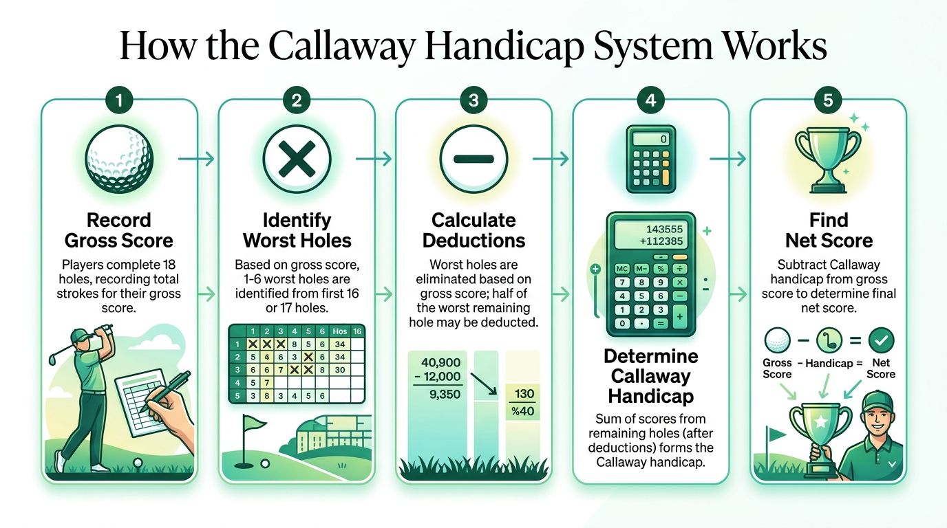 An infographic illustration explaining the five steps of the Callaway handicap scoring system for golf players.
