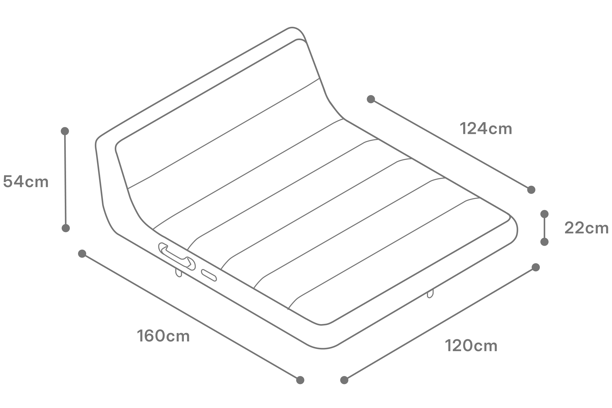 Diagram showing inflated dimensions of Oliver James luxury pool float — 160cm length, 120cm width, and 54cm height for generous adult lounging.