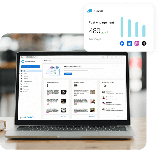 AMp Digital Marketing dashboard showing synchronised social media posts across LinkedIn, Google, and Meta.