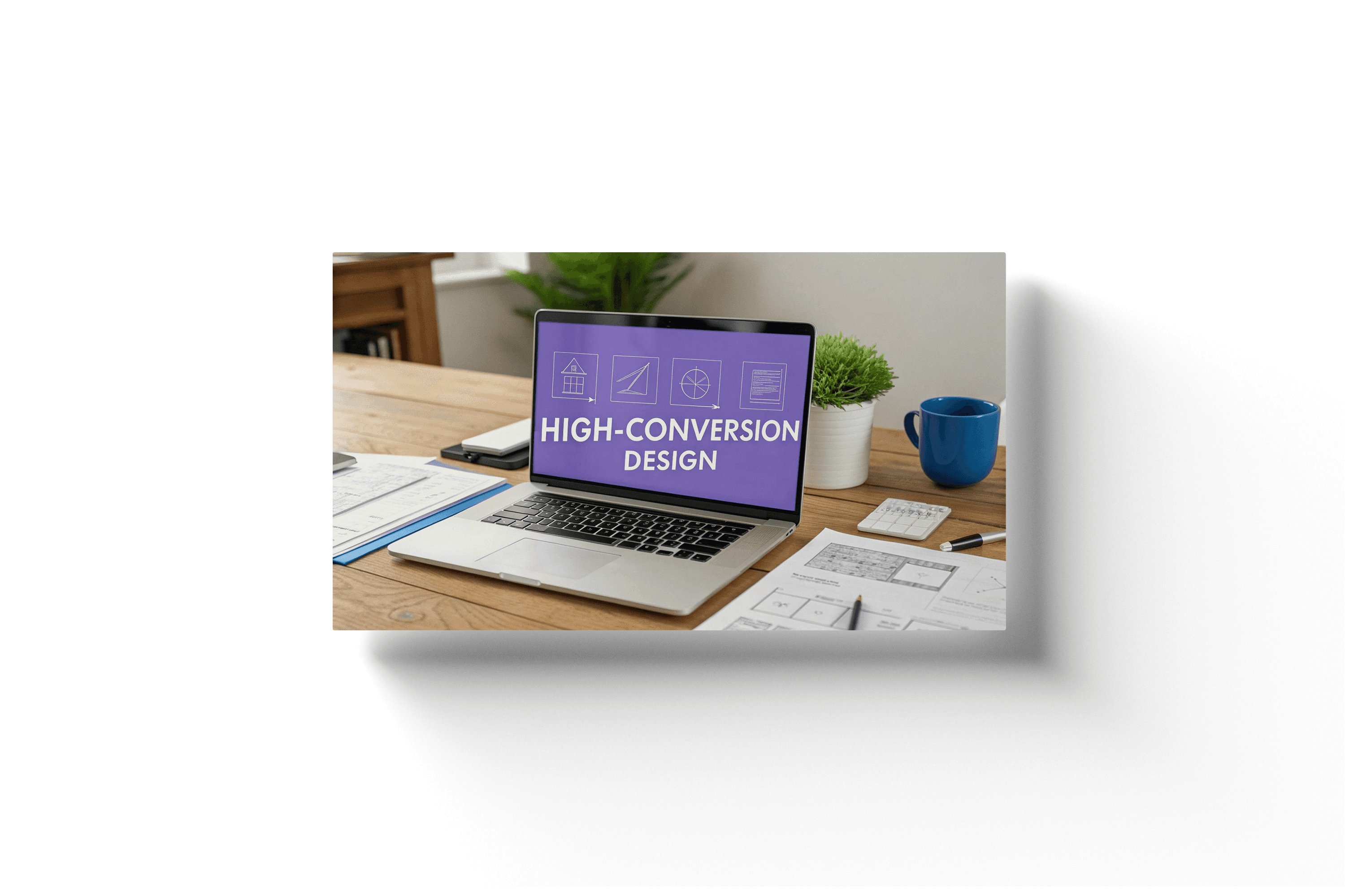 a laptop with a purple screen and text 'high conversion design' on a wooden desk