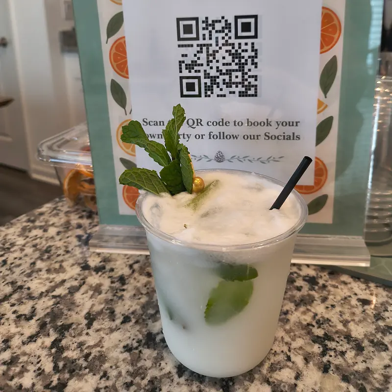 Four vibrant, refreshing cocktails are artfully displayed, each featuring fresh fruits and herbs like strawberries, cucumbers, and blackberries, set against a rustic countertop, embodying the lively, tropical spirit of Bradenton, FL.