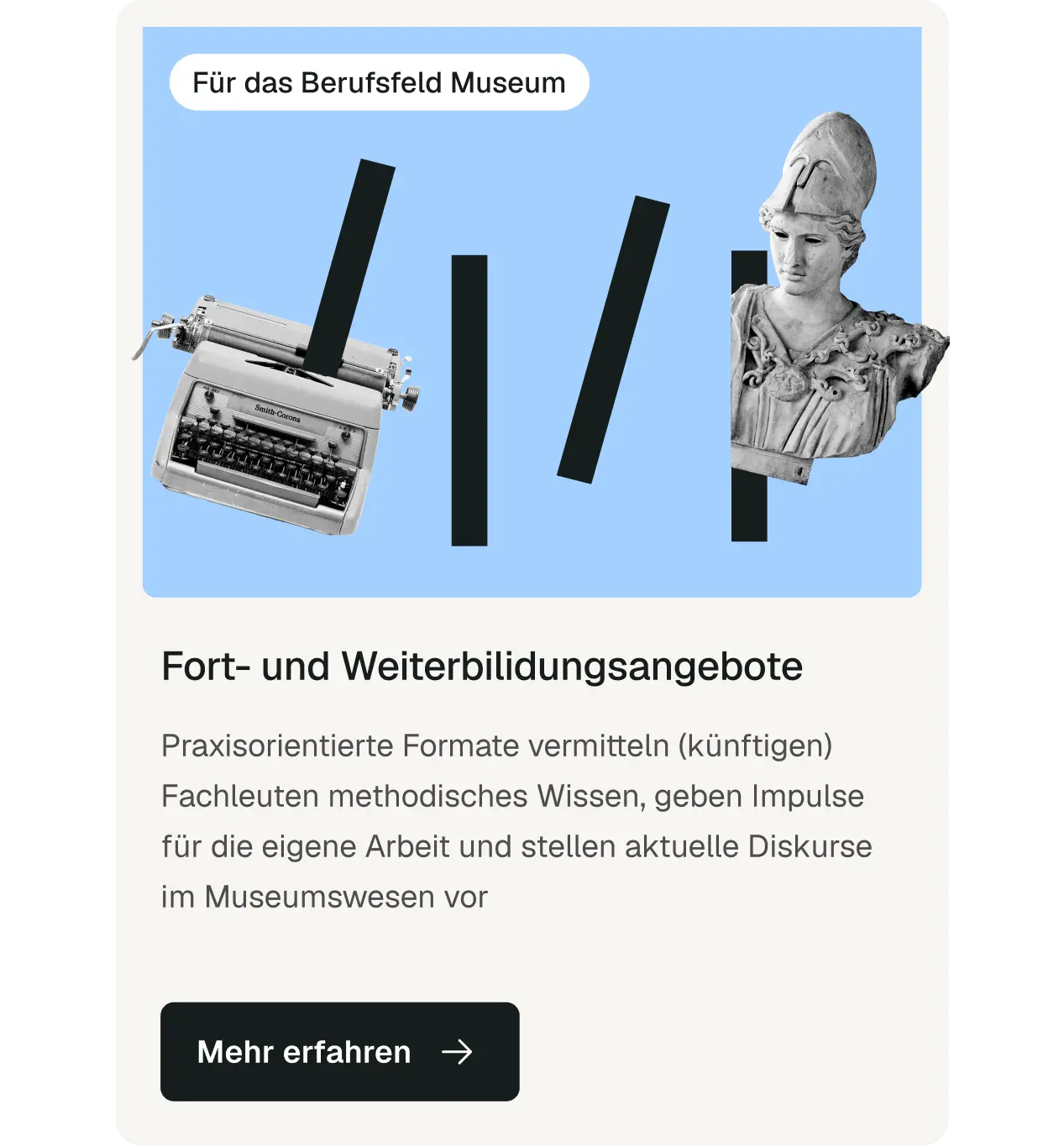 Kachel „Fort- und Weiterbildungsangebote“ mit Schreibmaschine und Athena-Büste