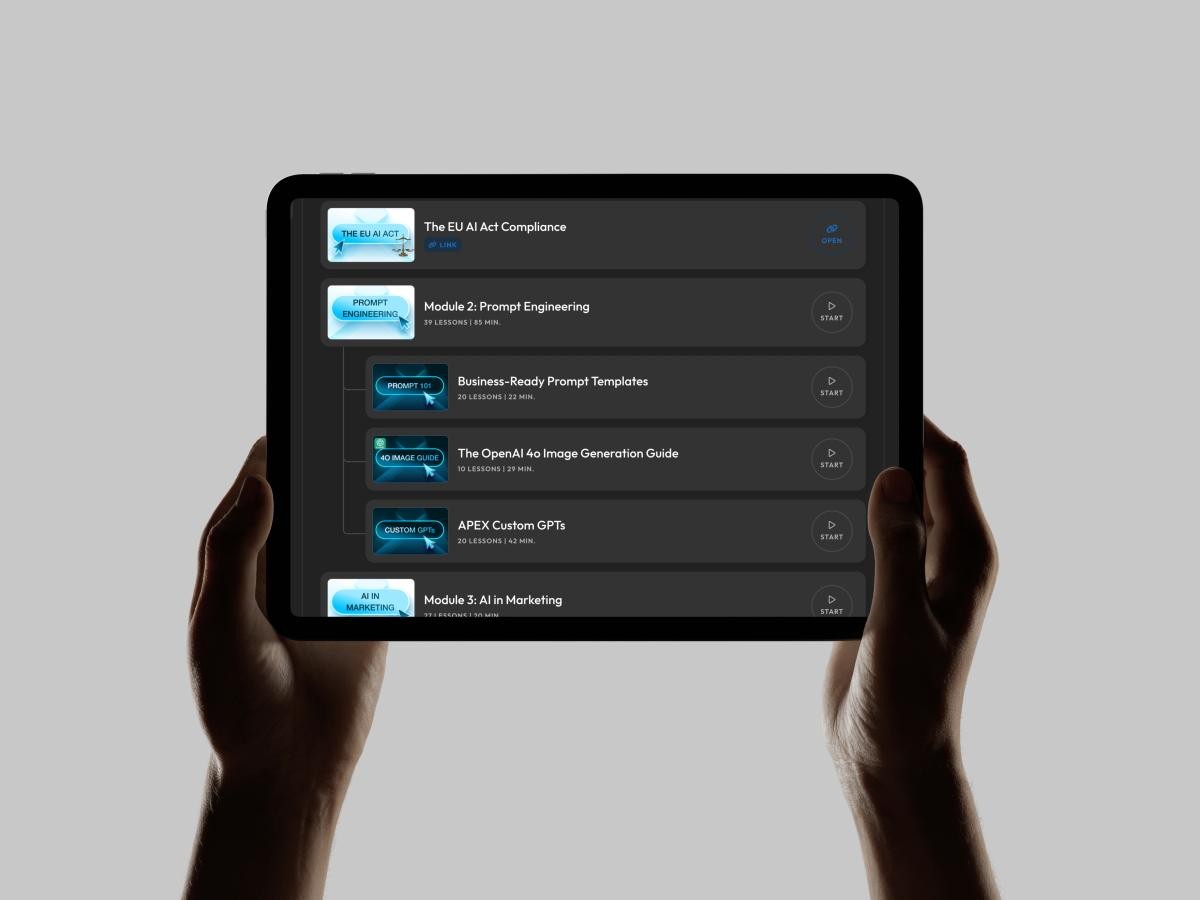 Insight into the APEX Learning Suite: AI training modules for marketing, automation, and business transformation.