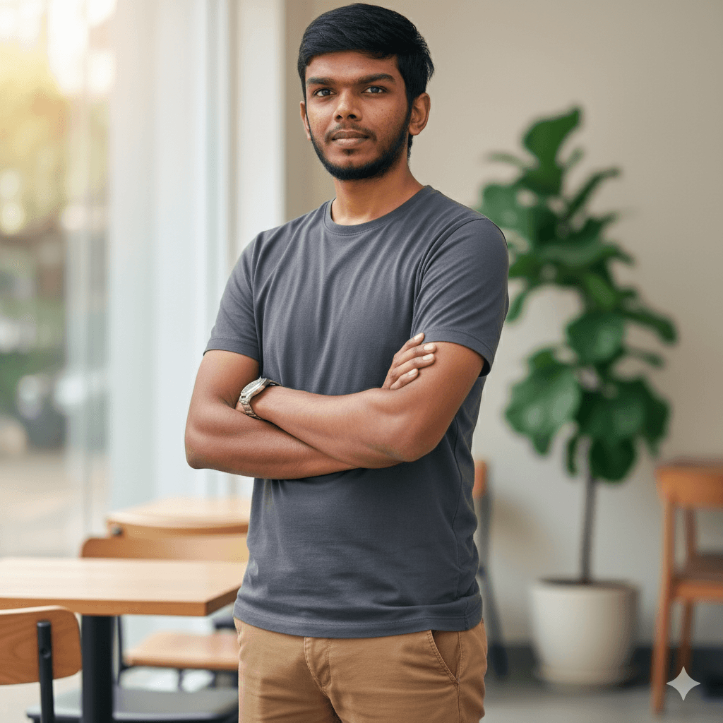 Man in white t-shirt front photo