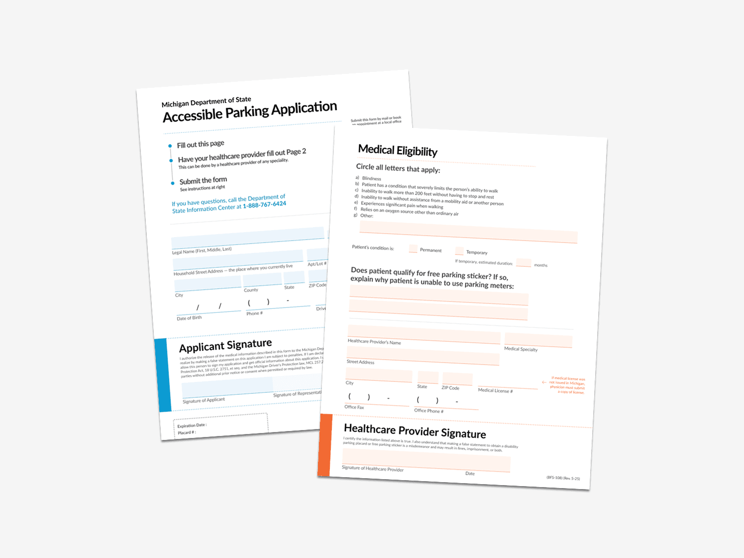 Two sheets of paper on a gray background. The papers are titled "Accessible Parking Application."