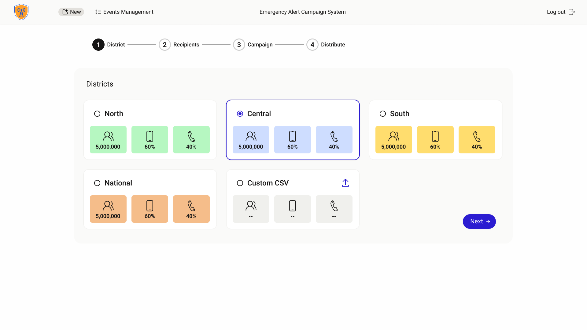 Interface for selecting a campaign audience by district or uploading a custom CSV file.