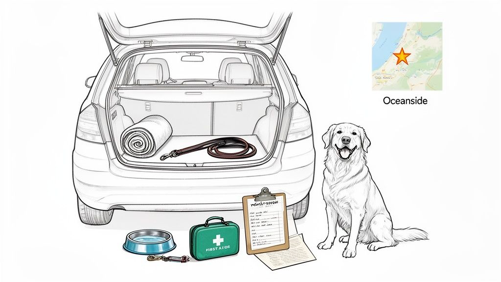 Illustration of a car trunk with dog essentials, a golden retriever, and a map pointing to Oceanside beach.