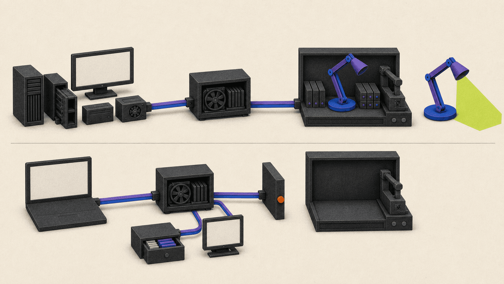 Legacy modular computer reaches an external GPU workshop while the integrated computer connects only to storage and display peripherals.