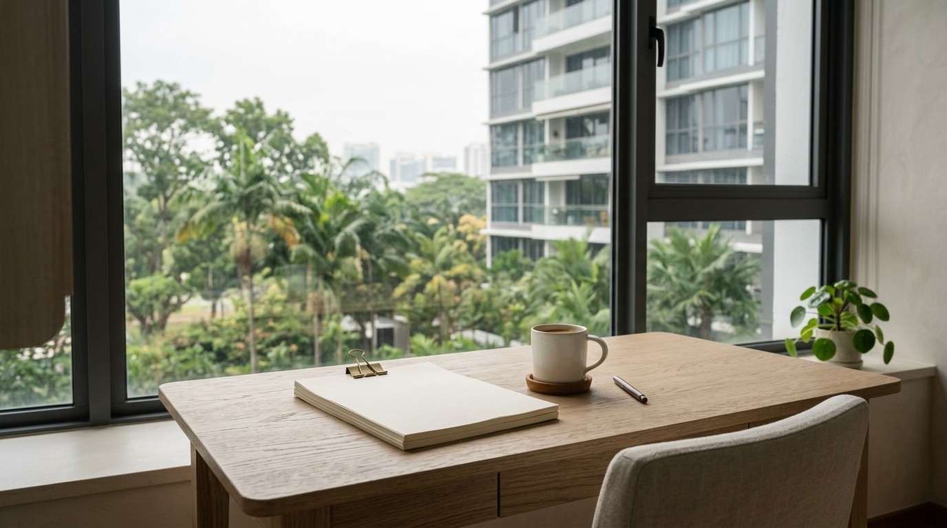 A tidy stack of blank paper and a white cup on a light timber desk by a tall window with tropical views in a Singapore condo study