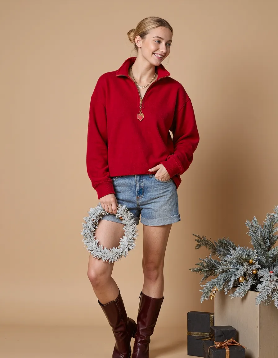 Woman in red zip sweater and denim shorts holding wreath with Christmas decor, beige studio background