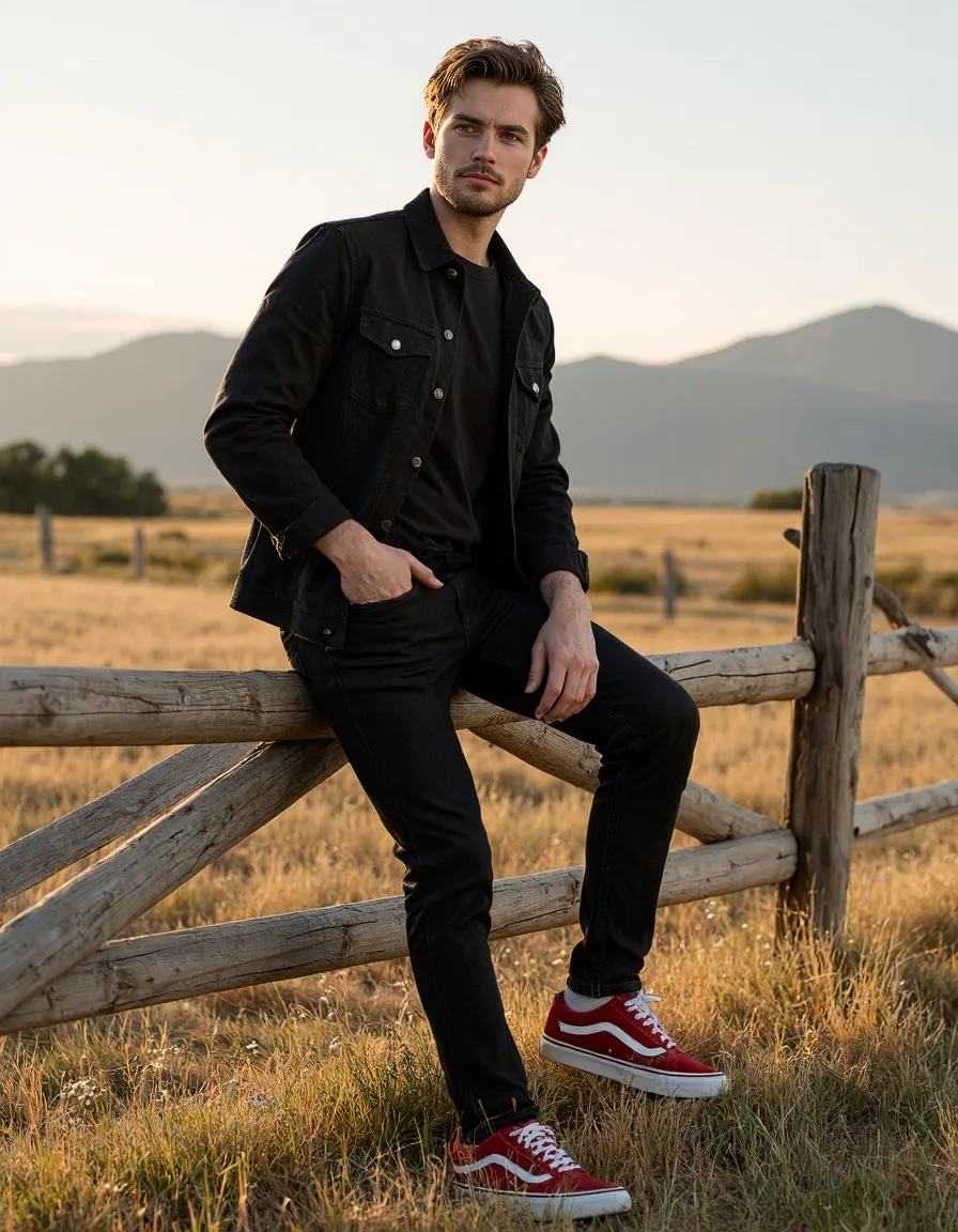 Person in all-black outfit with bright red shoes leaning against wooden fence during golden hour with mountains in background