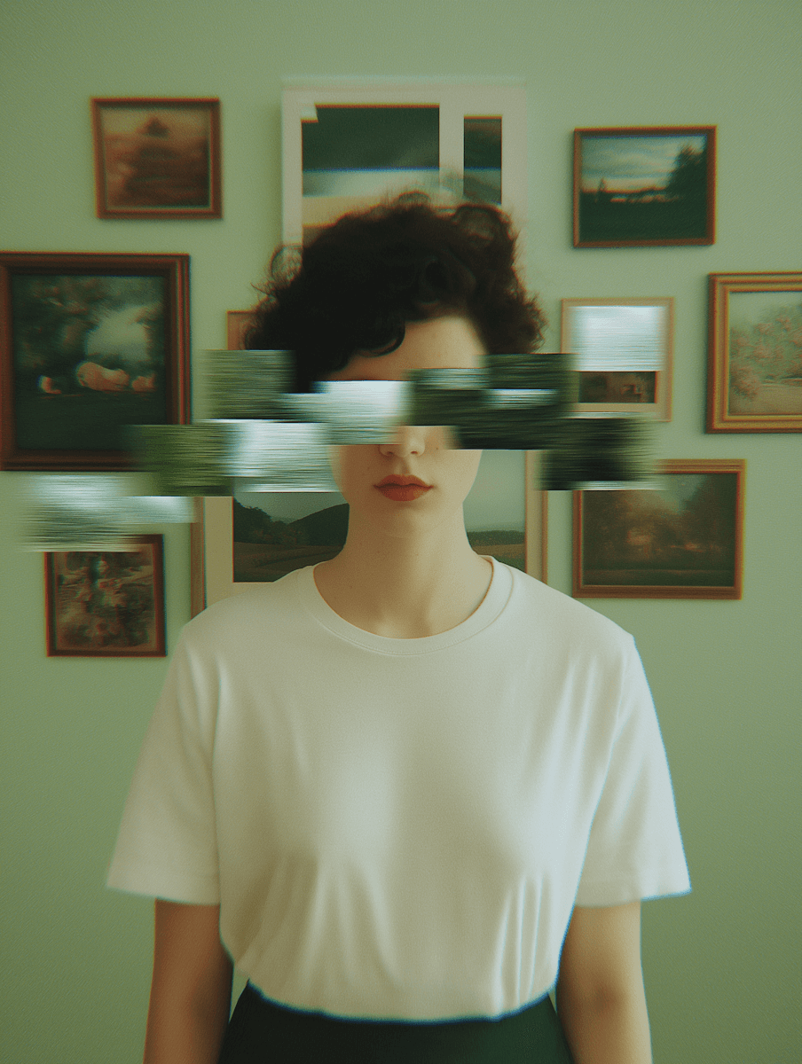 A person stands in front of a wall with framed pictures, their head appears distorted or glitchy.