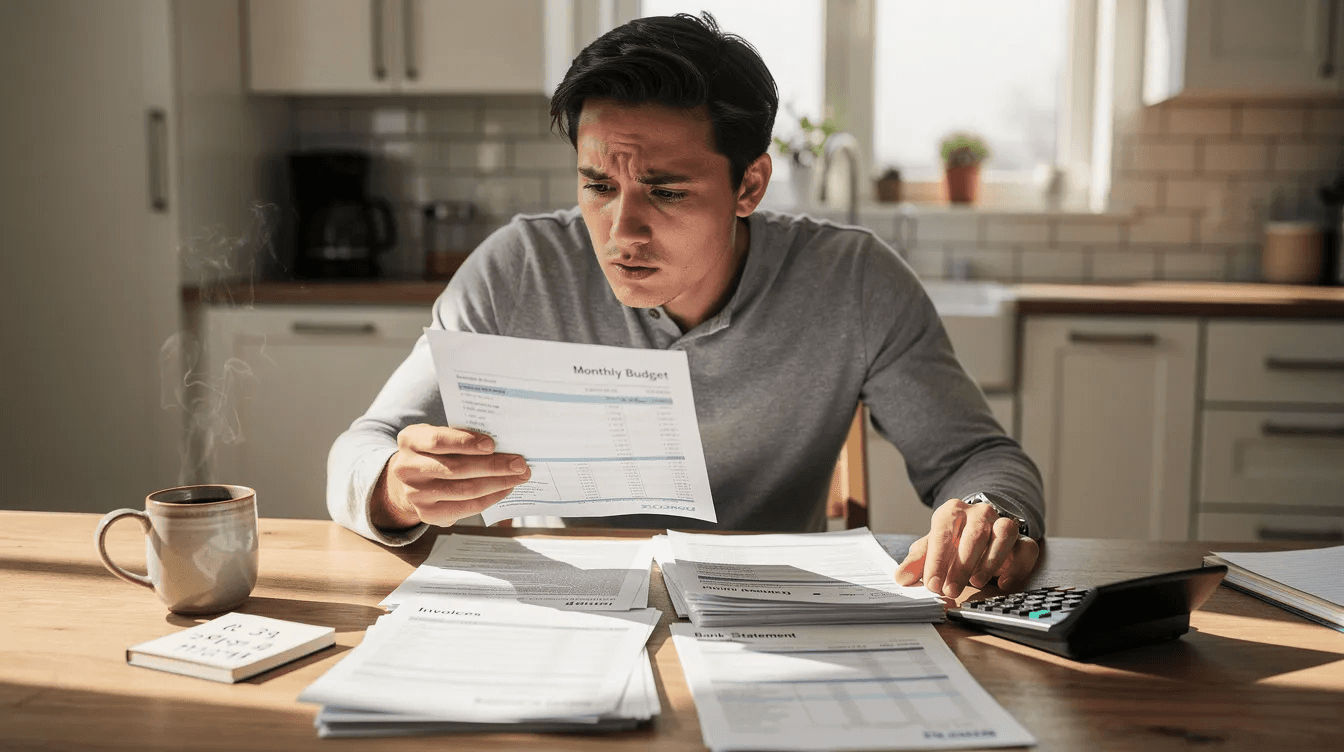 A person is seated at a kitchen table, surrounded by a stack of financial documents, a calculator, and a coffee mug, as they review their taxable income and consider strategies to minimize tax liability. This scene highlights the importance of understanding tax implications and preparing for tax time, especially for high income earners managing their financial goals.