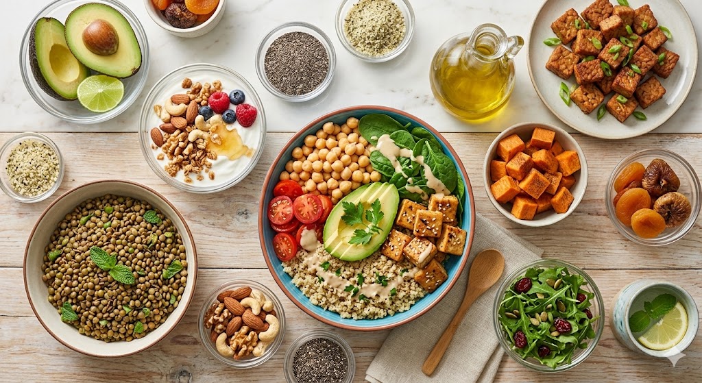 Overhead photograph of a colorful vegan Buddha bowl with quinoa, chickpeas, tofu, avocado, spinach, and tahini dressing. Surrounding bowls contain lentils, sweet potato, nuts, seeds, and fruits on a wooden table.