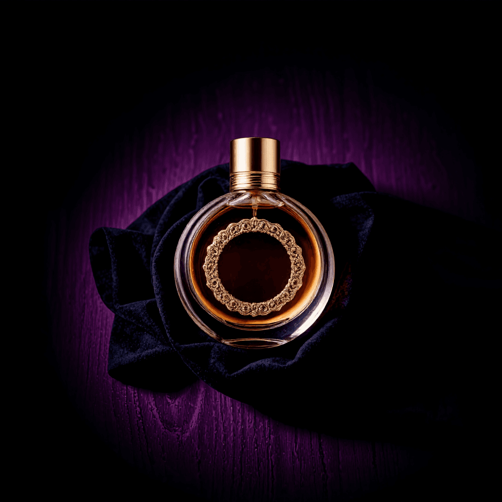 product photography of a bottle of perfume, used for personal fragrance, featuring a round shape with a decorative design