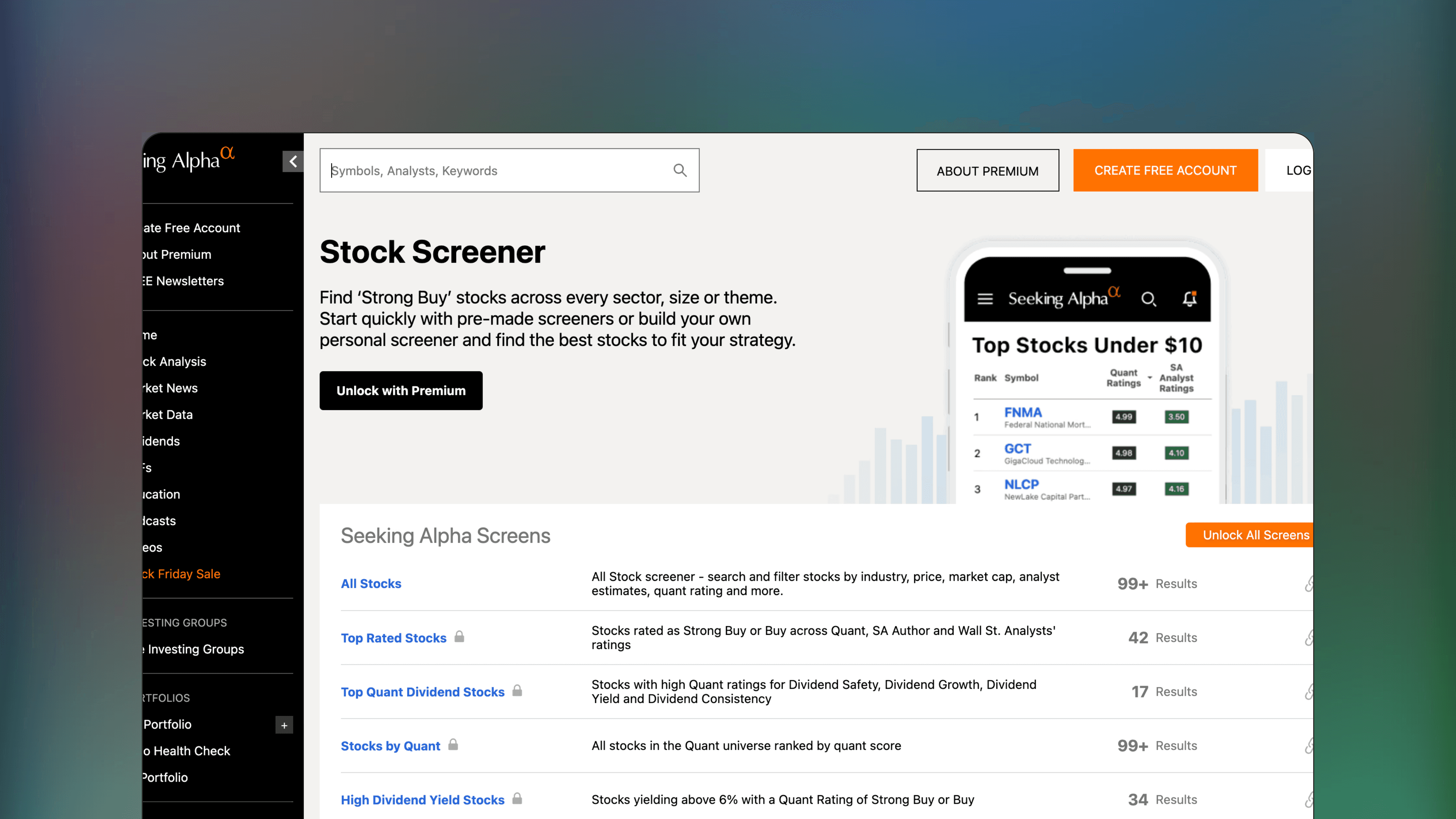 Website preview of Seeking Alpha Stock Screener, trade analytics screener platform featuring a table of stock ratings and financial metrics.