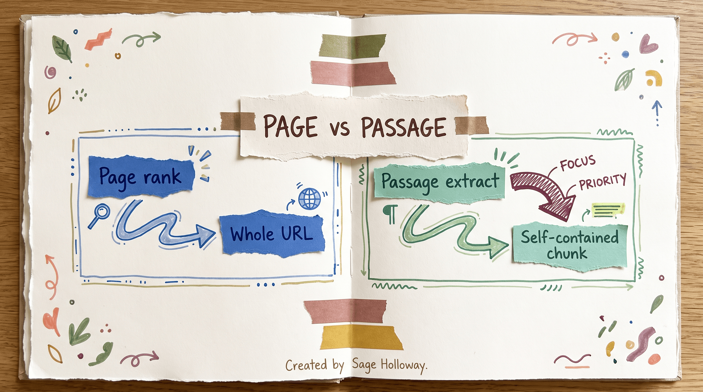 Scrapbook diagram comparing whole-page ranking to passage-level extraction for LLMs