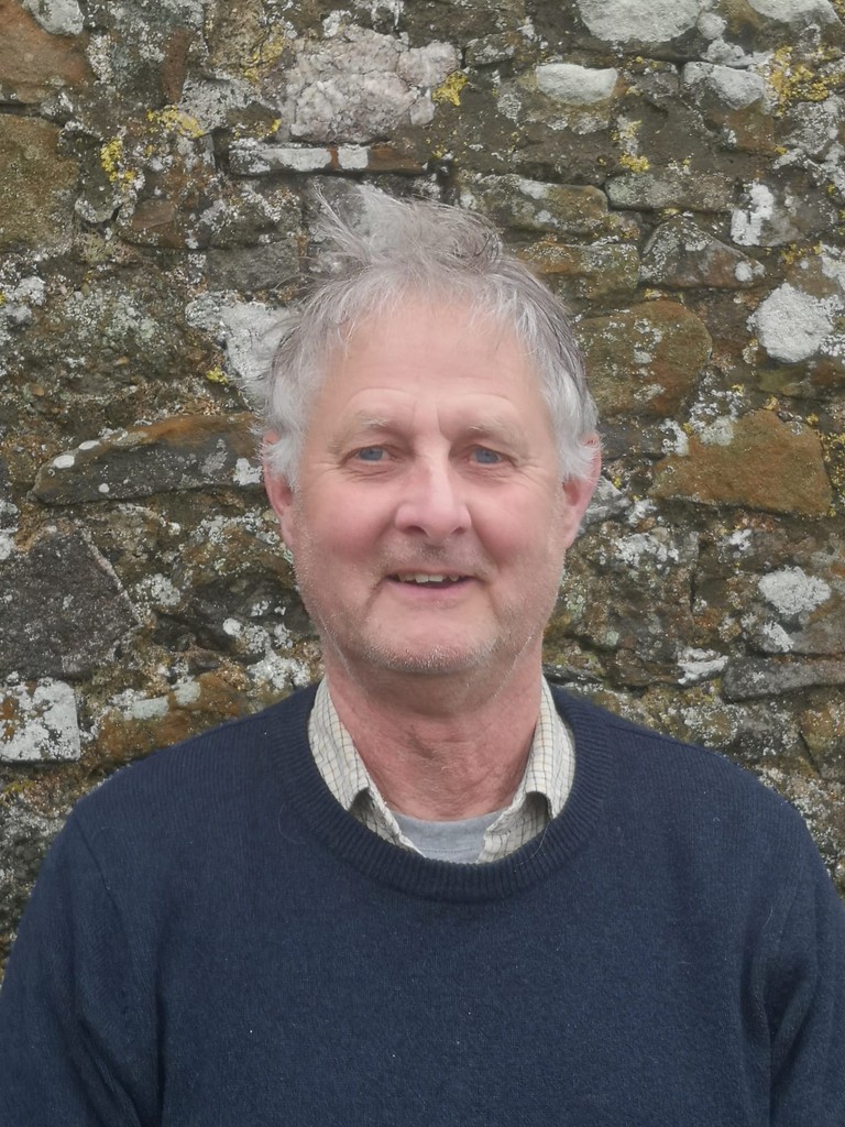 An man standing infront of a brick wall wearing a blue jumper.