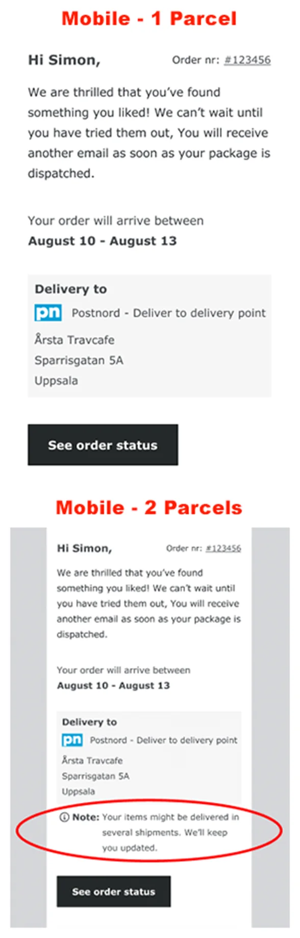 The same emails on mobile, one parcel and two parcels