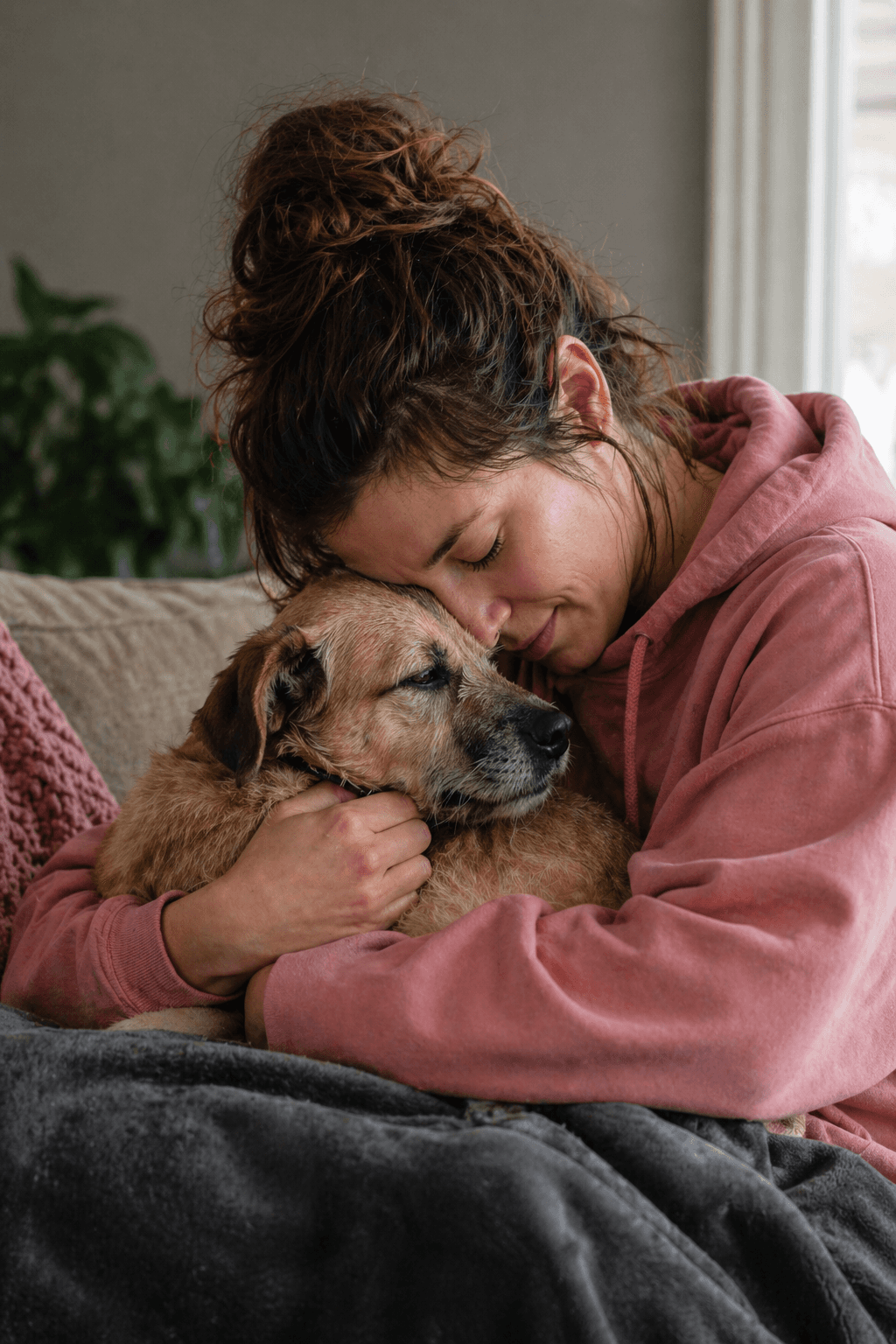 A person hugs a small dog while resting their head on it, sitting comfortably in a cozy setting.