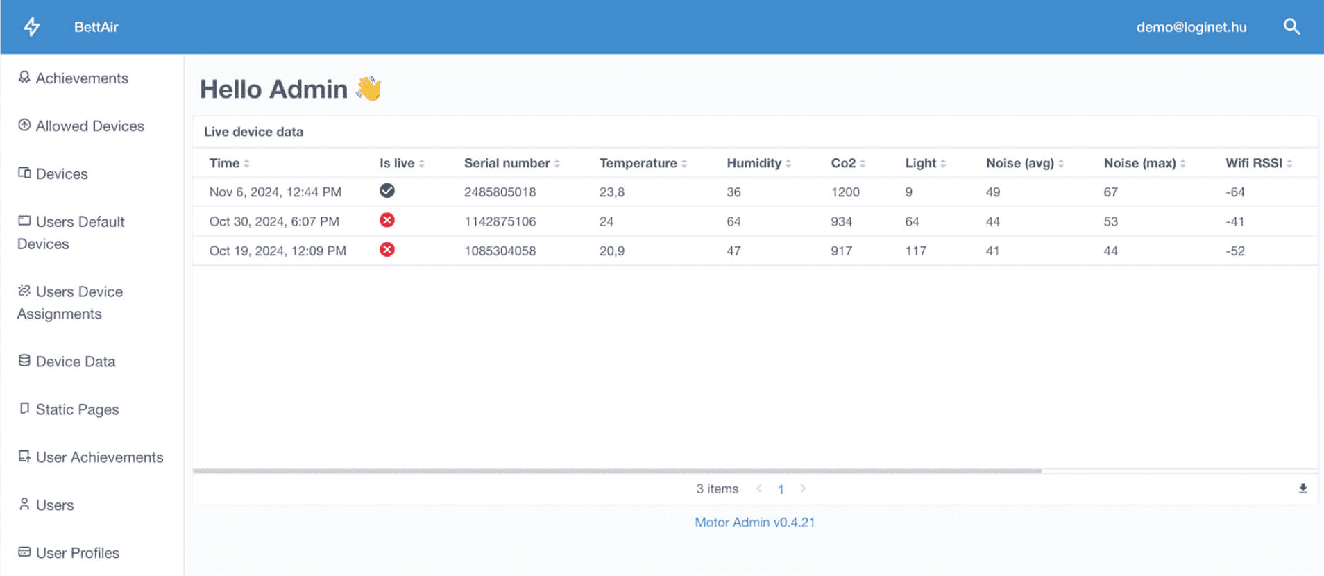 Bettair.life IoT development - The main page of the created Motor Admin