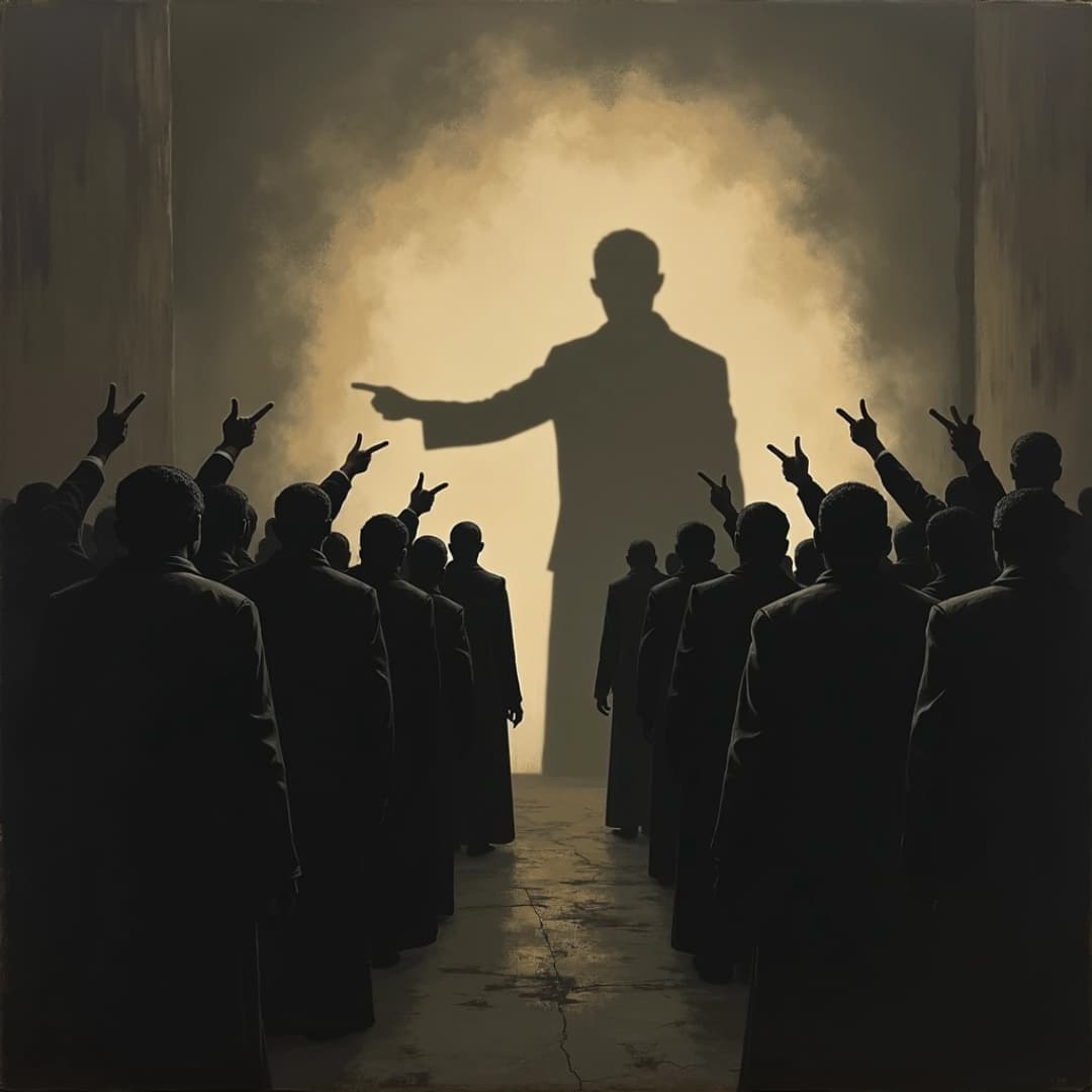 viele menschen in dunklen mänteln schauen auf den schatten eines mannes