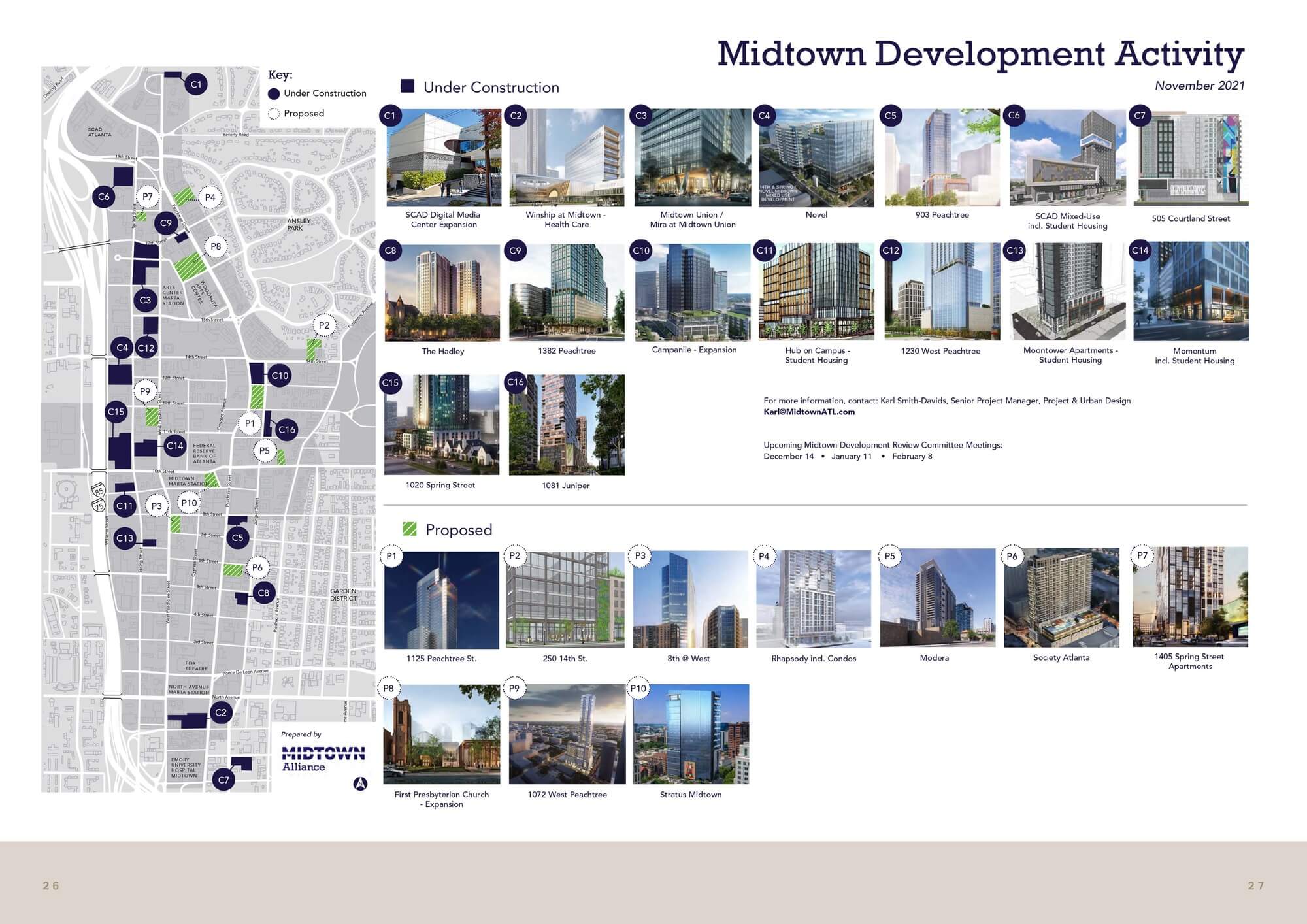 Midtown Alliance development activity infographic featuring a area map, project photos, and location markers for under-construction and proposed buildings in Midtown Atlanta.