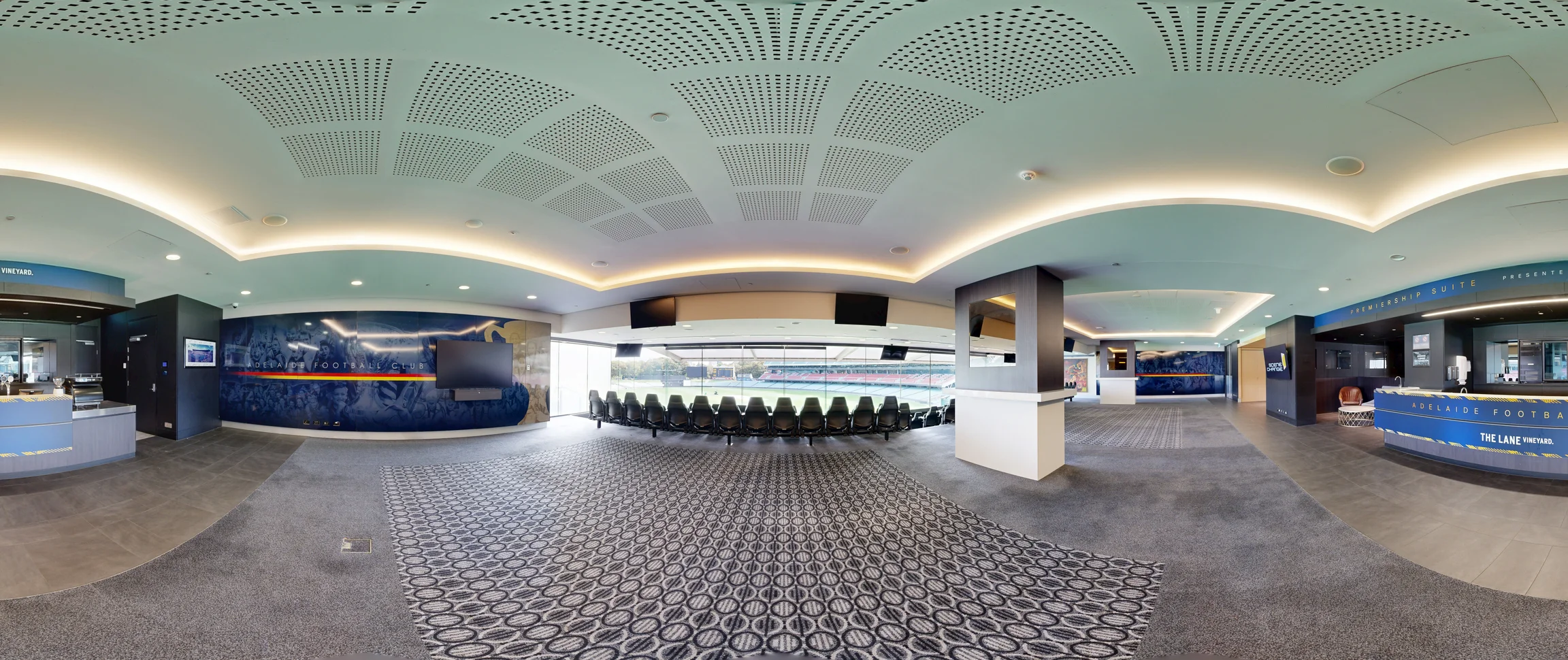 A wide panoramic view of the Premiership Suite at Adelaide Oval, captured as an enterprise-grade 3D digital twin by ABM visual, showcasing premium corporate hospitality spaces and event seating.