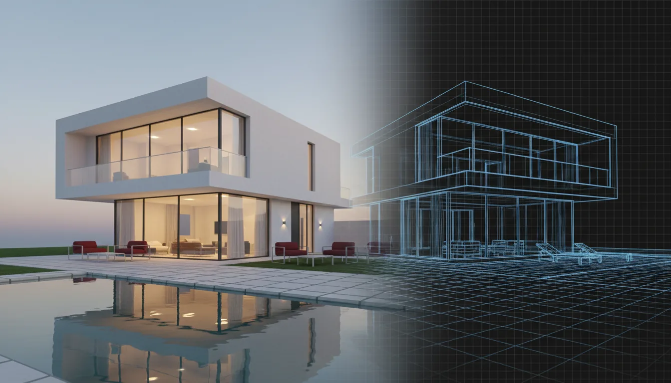 3D render of a modern two-story minimalist house seamlessly transitioning into an AutoCAD-style wireframe schematic from left to right. The photorealistic portion shows white stucco walls, expansive glass windows, and a second-floor balcony, set against a soft dusk sky. Warm interior lighting glows from within. A calm, reflective swimming pool sits in the foreground on a tiled patio, with modern red outdoor furniture. Architectural visualization, soft global illumination, low-angle perspective, Blender style.