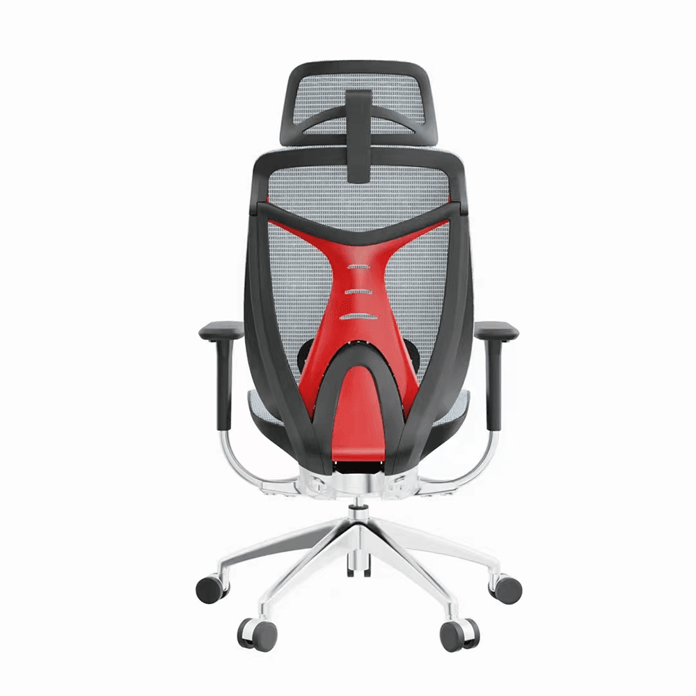 Full rear view of a high-back ergonomic mesh chair highlighting the symmetrical red structural support system, adjustable headrest, and high-strength 350mm aluminum alloy star base