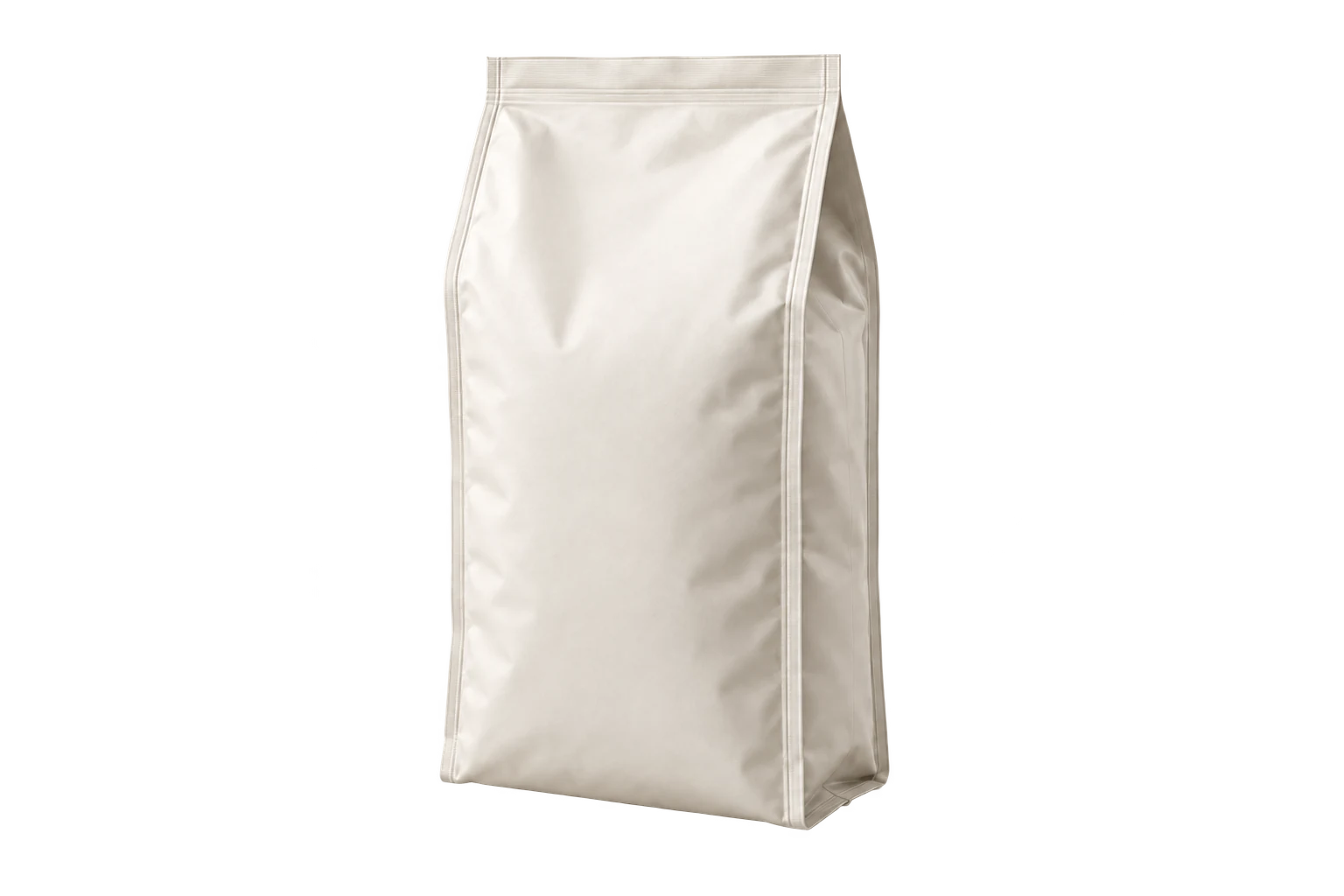 Product visualization of an ivory quad-seal pouch with side gussets and vertical corner seals, isolated on a transparent background.
