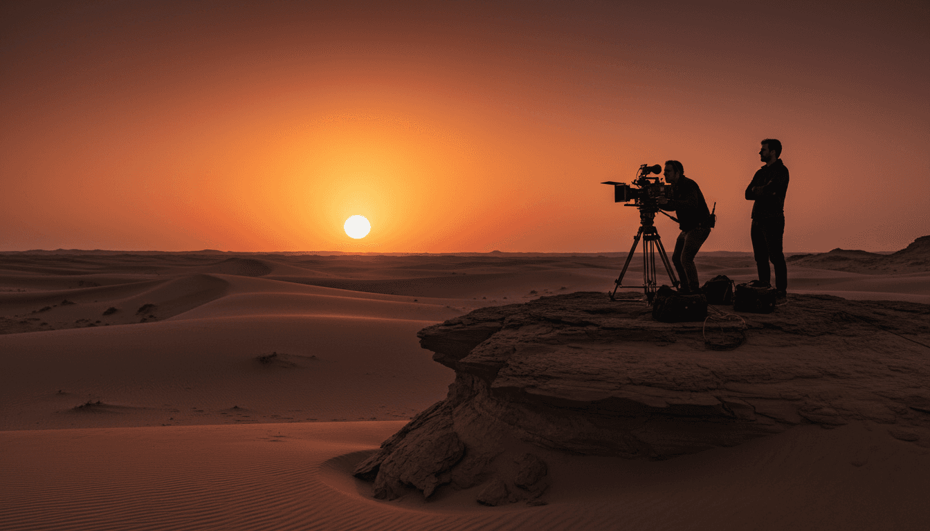 Silhouettes of a film crew shooting with a cinema camera on a desert ridge at sunset — the frames that live beyond the route map