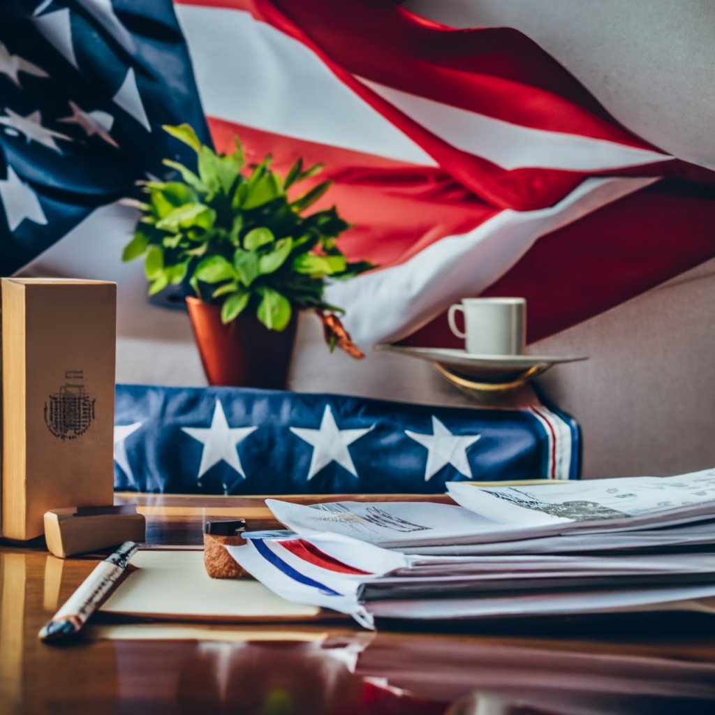 Table setup with Form I-485, U.S. flag, and immigration documents, illustrating the process of adjusting status.