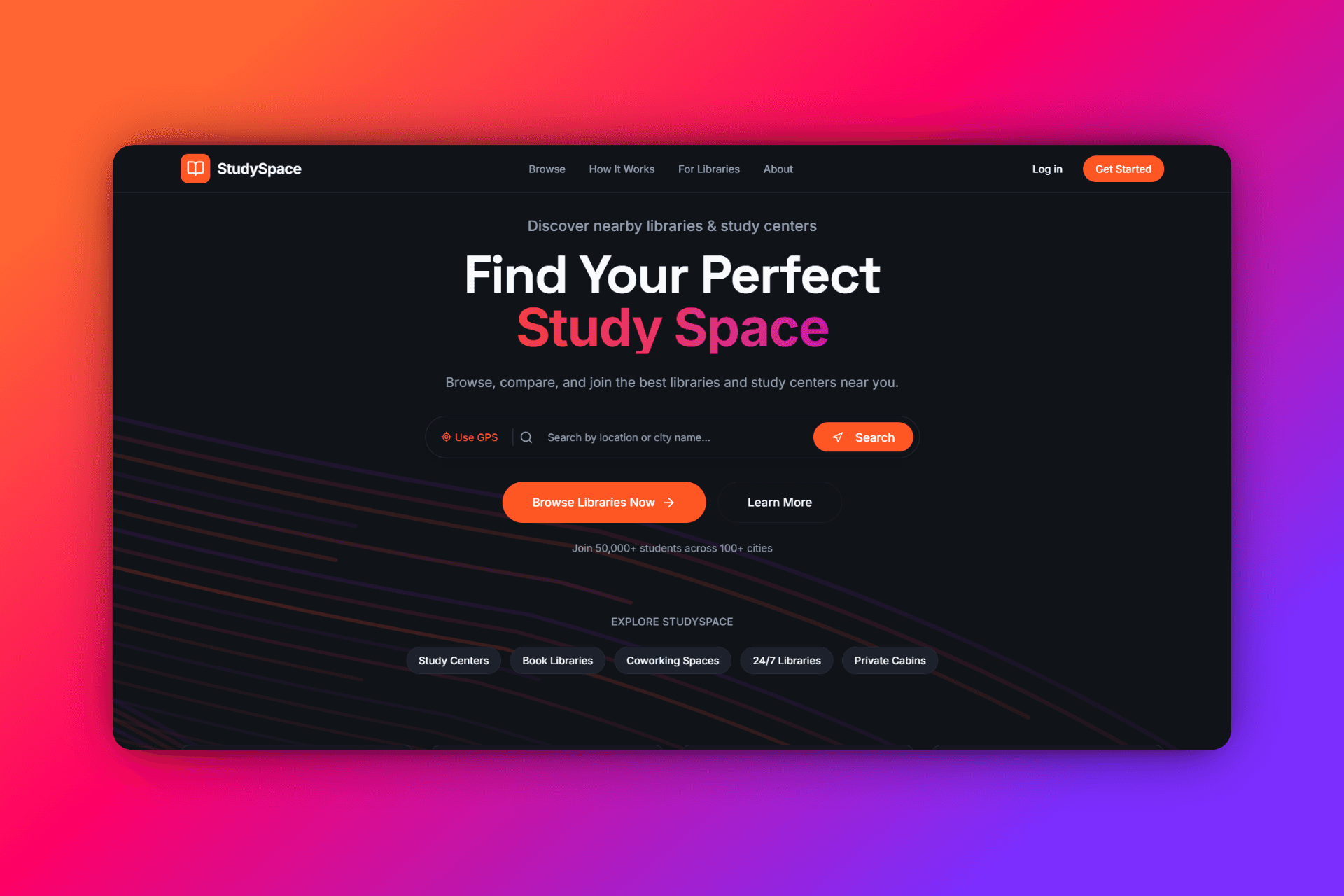 Landing page of Study Space, Discover liberary near you, Linear gradient background
