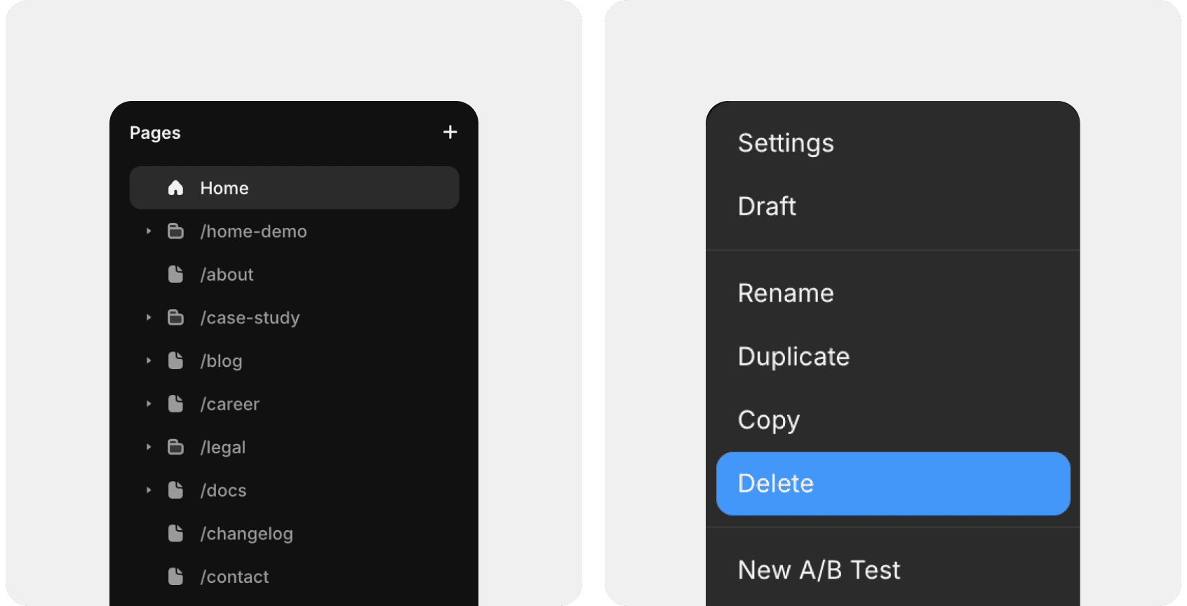 Framer pages structure and context menu with delete option