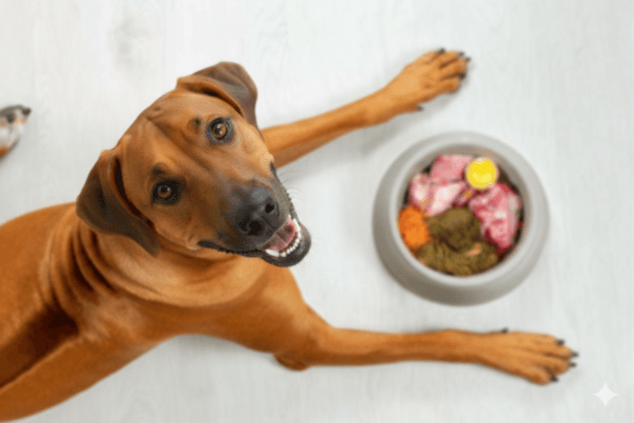 Rhodesian Ridgeback eating raw dog food