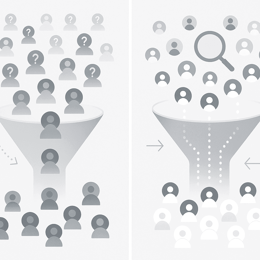 Side-by-side funnels contrasting low versus high visitor ID accuracy outcomes.