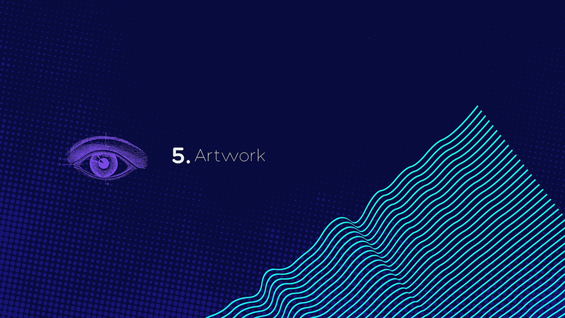 Neurolix AI brand guide section divider for "Artwork" featuring purple anatomical eye illustration with measurement annotations and cyan wave line graphic pattern on dark navy blue background.