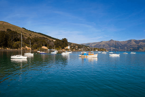 Peaceful Akaroa harbor showing relaxed coastal life in New Zealand