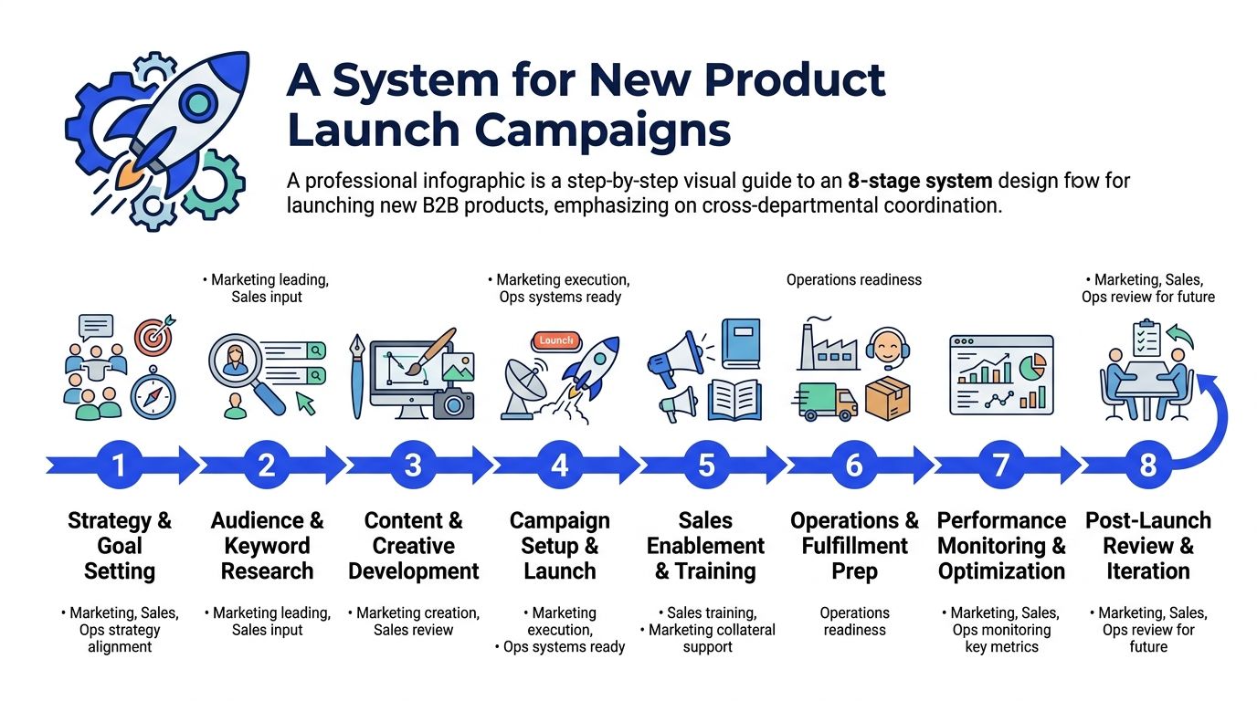 An 8-stage infographic outlining the systematic workflow for launching new B2B products through cross-departmental coordination.