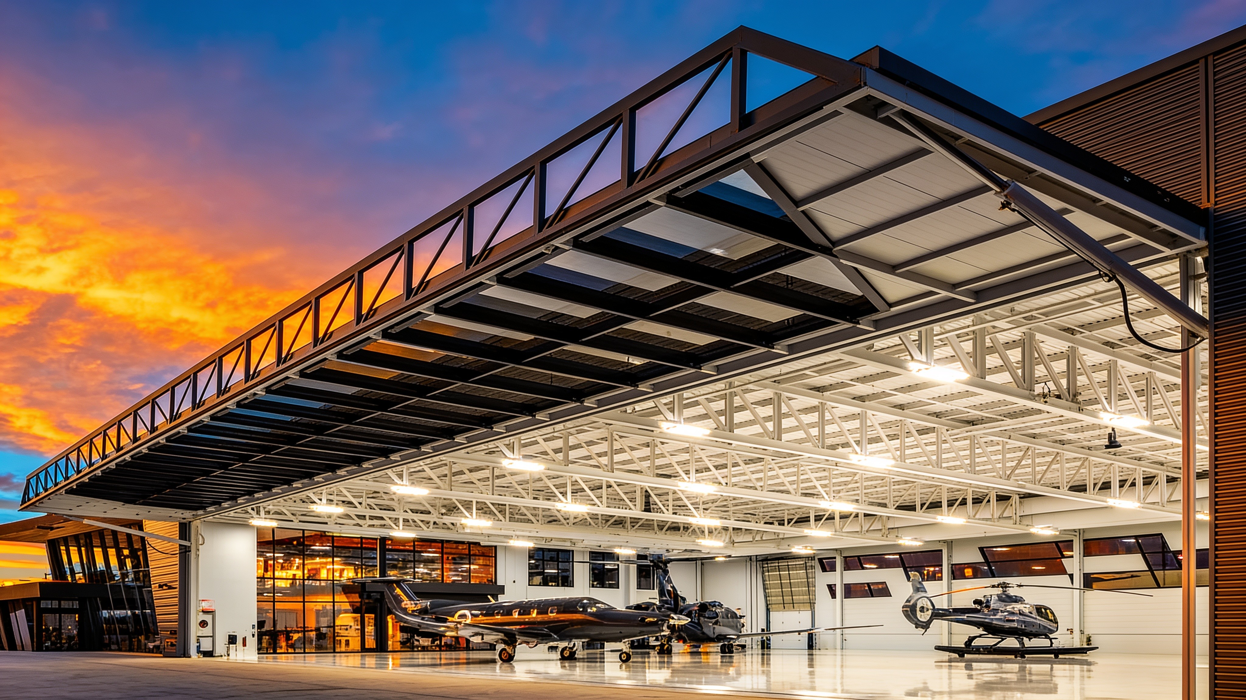 Custom hydraulic hangar door on a glass-front aircraft hangar at sunset