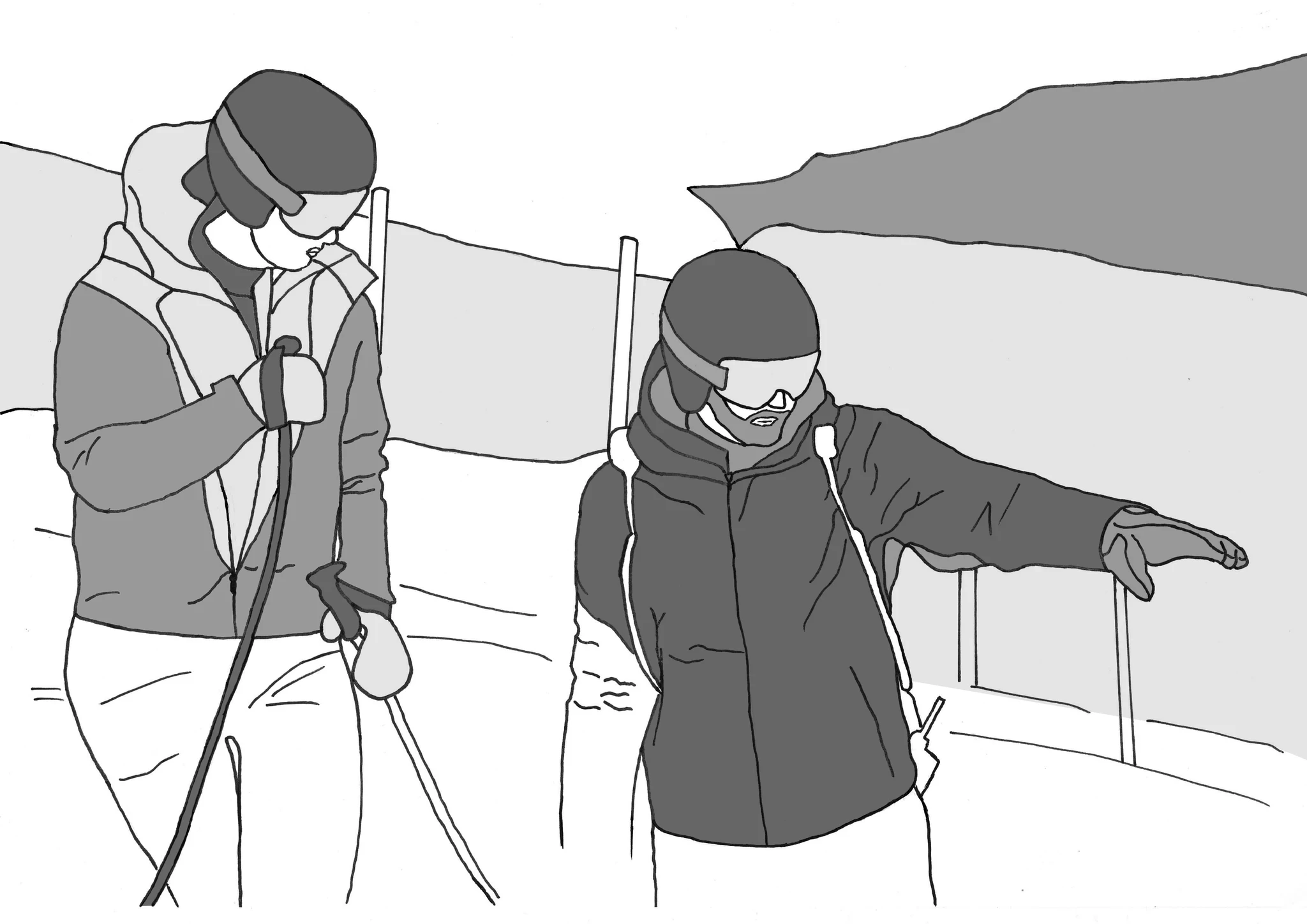 Illustration von zwei Skifahrern auf der Piste, einer zeigt mit ausgestrecktem Arm in die Ferne