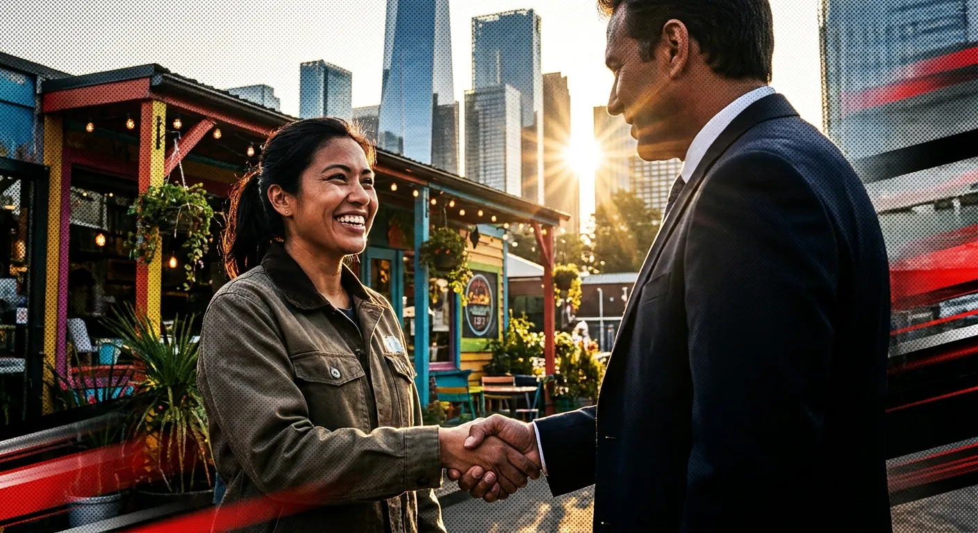 "RockN' Socials handshake at sunset, highlighting a Digital Marketing Agency."