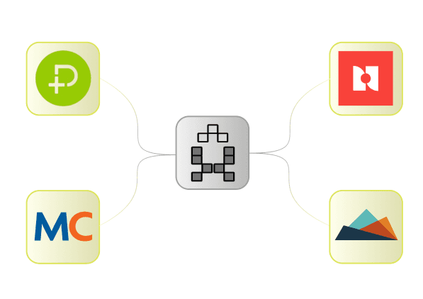 Tool integration diagram showing GitHub, Slack, Notion, Google Drive, and more connected to a central app.