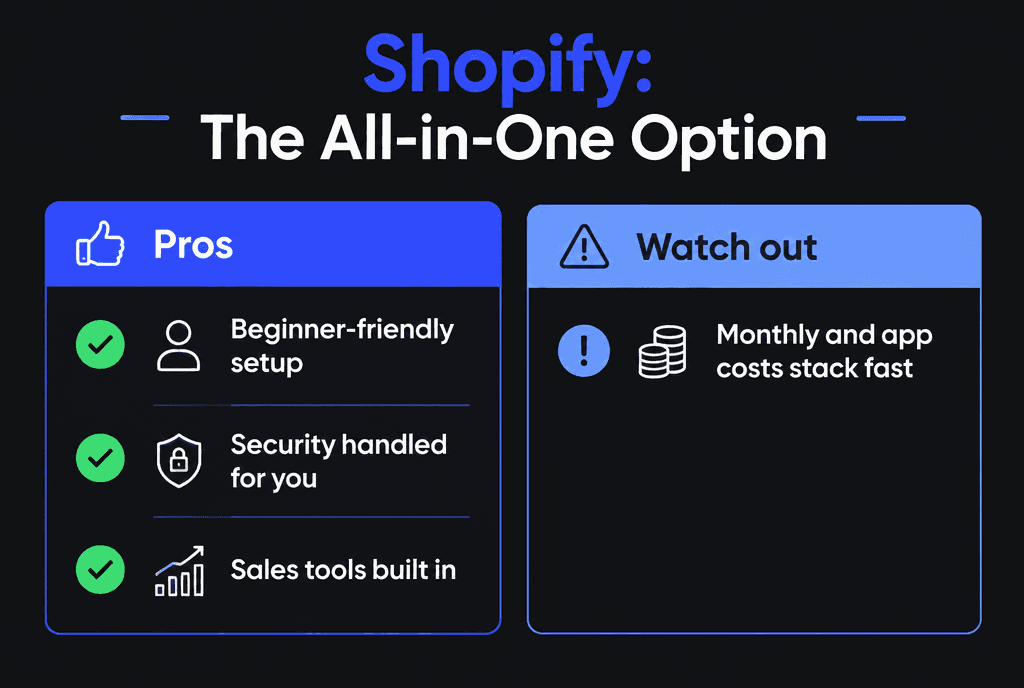 Infographic summarizing Shopify as an all-in-one e-commerce platform: hosting, checkout, apps and themes